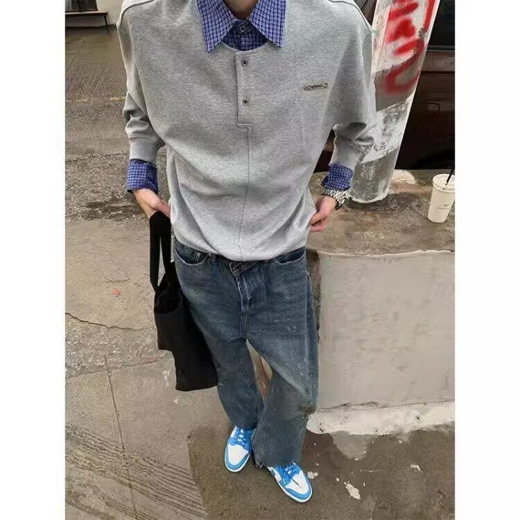 情侣款华棉复合翻领纯色拼接格子衬衫假两件卫衣男 网图WY207-P55图片