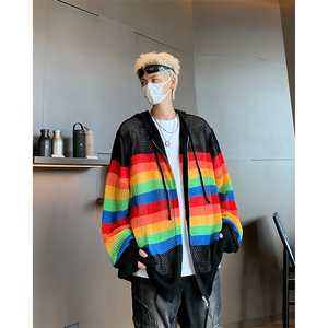 开衫毛衣男士韩版潮高街拼色镂空宽松2024秋冬ins针织衫MZ433-P51图片