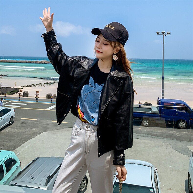明线装饰pu皮皮衣短款外套女小个子秋季宽松显瘦百搭机车夹克上衣,女装皮衣,魅衣本色