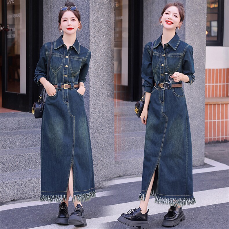 （现货）2026春秋立体剪裁毛边复古色牛仔中长款连衣裙（配腰带），女装连衣裙，印象茜