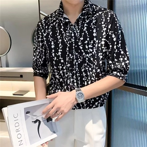 ins气质潮流潮夏季衬衫时尚文艺标准青春流行男七分袖新款日系图片