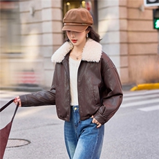 高级感皮面棉服女2025冬季新款保暖毛领羽绒棉PU皮衣短外套上衣，女装皮衣，江南女神