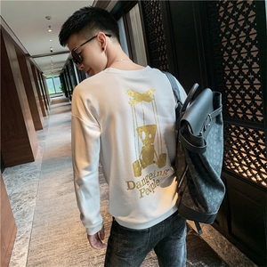 WYQ01/P58控78 秋社会小伙痞帅宽松韩版百搭套头休闲打底卫衣男白图片
