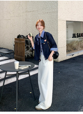 气质高级感短夹克深蓝色假两件衬衫领小香风外套女秋，女装短外套，浙宝238