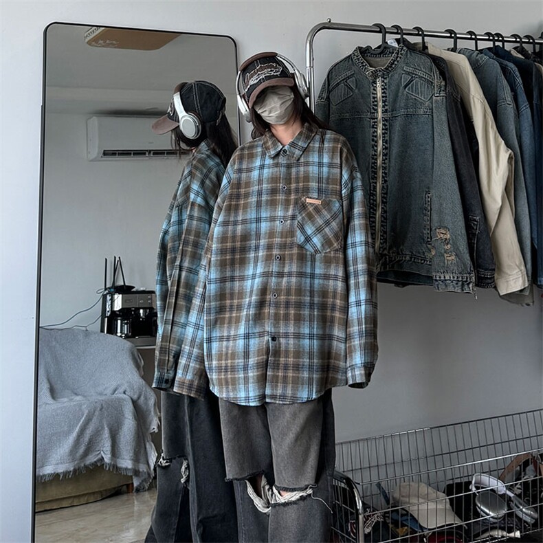 衬衫男秋季新款港风宽松大码磨毛格子长袖衬衣CS618-P35，男装衬衫，星座214-3