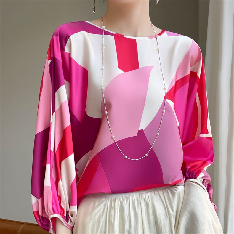 重磅真丝桑蚕丝衬衫女七分灯笼袖宽松慵懒风漂亮抽象印花圆领上衣，女装蕾丝衫/雪纺衫，羊特美羊绒