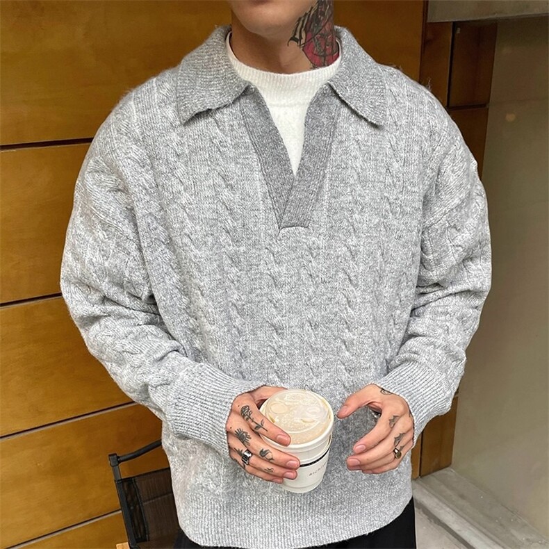 2524-P60美拉德色系慵懒风假两件毛衣老钱风双层领翻领,男装针织衫/毛衣,电商B323A