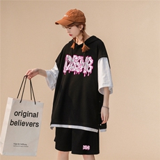 中性夏季青春时尚短袖运动风假两件连帽T恤套装TZ702P85控108，男装休闲套装，A247A
