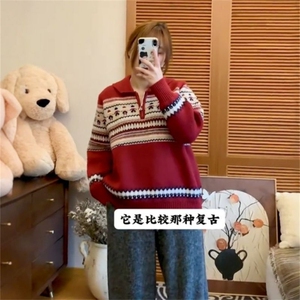 1506-1/MM1171/P55高级感复古半拉链红色毛衣针织衫外穿过节上衣图片