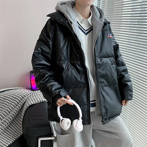 假两件衣男冬季加厚宽松潮流PU皮外套港风连帽服 W1906-P85图片