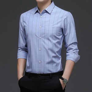 2023新款春秋季男士长袖衬衫商务休闲宽松上衣服中年爸爸装衬衣图片