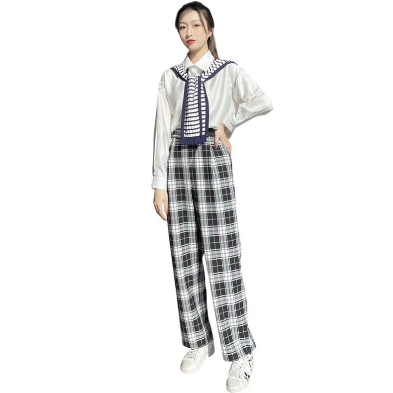 2021春装新款时尚休闲衬衫+格纹阔腿裤两件套套裤,女装套装/套裙,深水步