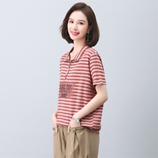 时尚条纹t恤女夏短袖2023新款中年妈妈宽松洋气翻领休闲印花上衣，女装T恤，忆绮罗