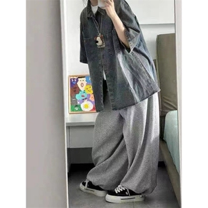 美式复古水洗牛仔短袖衬衫夏季潮牌宽松百搭半截袖上衣MJK17图片
