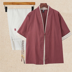 男装五分袖T恤套装古风风+亚麻灯笼裤QT2026-M125+K40-P48图片