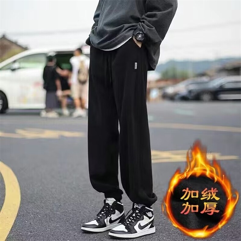 重磅卫裤男生秋冬季美式高街直筒加绒裤子宽松束脚运动男休闲长裤图片