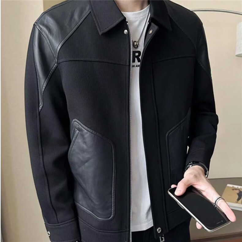 痞帅PU皮拼接夹克外套男潮牌潮流高级感针织上衣服秋冬季202,男装夹克,星座218-1（原230）