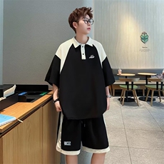 夏季套装男士韩版潮流短袖POLO衫帅气2024拼色ins两件套W5830-P52，男装休闲套装，星座412-2