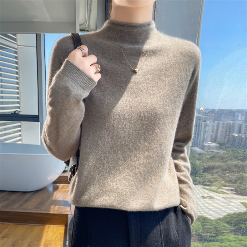 卷边半高领100%纯羊毛衫女长袖针织衫毛衣秋冬宽松羊绒衫打底上衣,女装羊绒衫,昭美羊绒