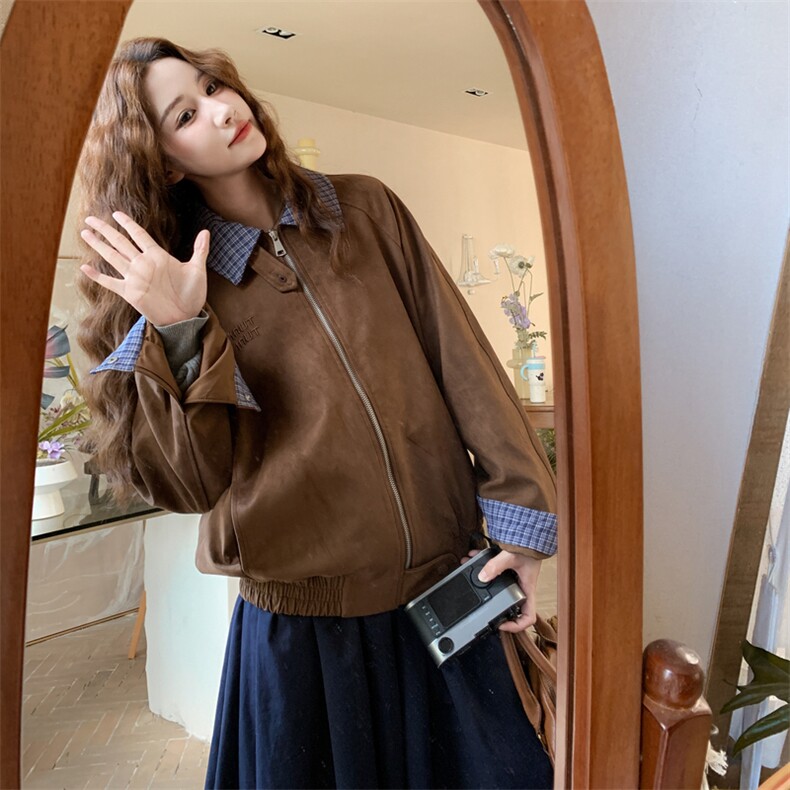 棕色复古格纹拼接麂皮绒短外套女2025秋季设计感时尚休闲翻领夹克,女装短外套,2C159
