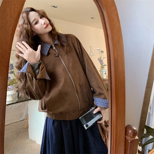 棕色复古格纹拼接麂皮绒短外套女2025秋季设计感时尚休闲翻领夹克图片
