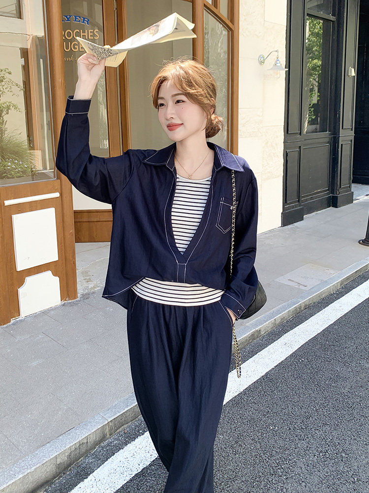 韩剧藏青色休闲衬衫运动套装女秋2025新款条纹吊带ootd穿搭三件套,女装套装/套裙,浙宝192（原082）
