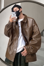 港风翻领pu皮面料皮衣男潮流休闲宽松皮衣外套男77107P78控108，男装皮衣，星座227-7