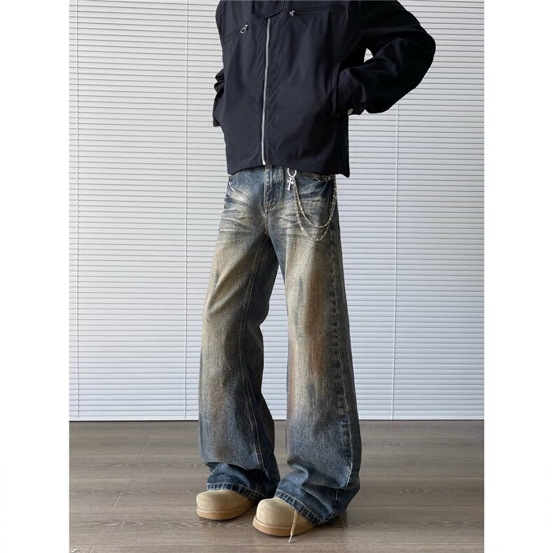 水洗渐变猫须弯刀牛仔裤男款痞帅潮流cleanfit休闲直筒微喇裤显瘦，男装牛仔裤，星座506A