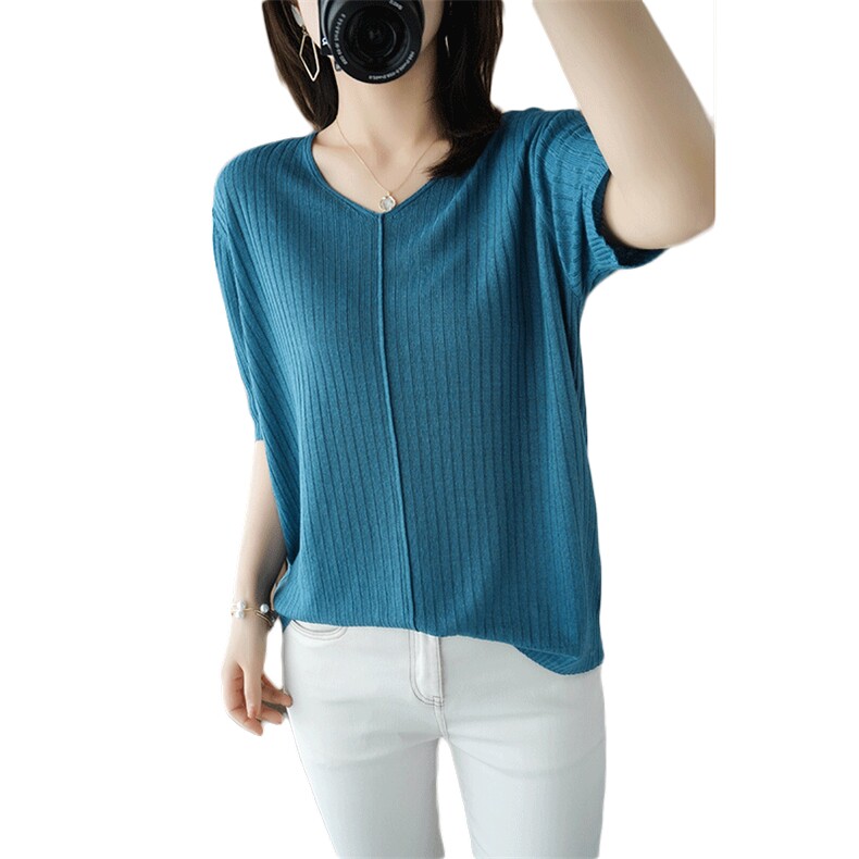 V领纯棉针织衫短袖T恤女2023夏季薄款棉麻打底衫时尚体恤上衣半袖,女装T恤,斯尔特羊绒