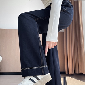 丹宁深蓝阔腿牛仔裤新款秋冬高腰显瘦垂感直筒宽松拖地长裤图片