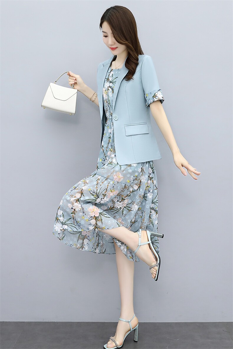 2023夏季新款简约时尚休闲西装外套+圆领花色连衣裙两件套,女装套装/套裙,然然