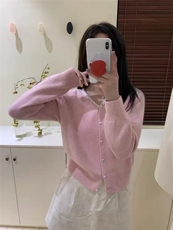 新款纯色手工亮片单排扣开衫时尚百搭，女装针织衫/毛衣，百纯羊绒