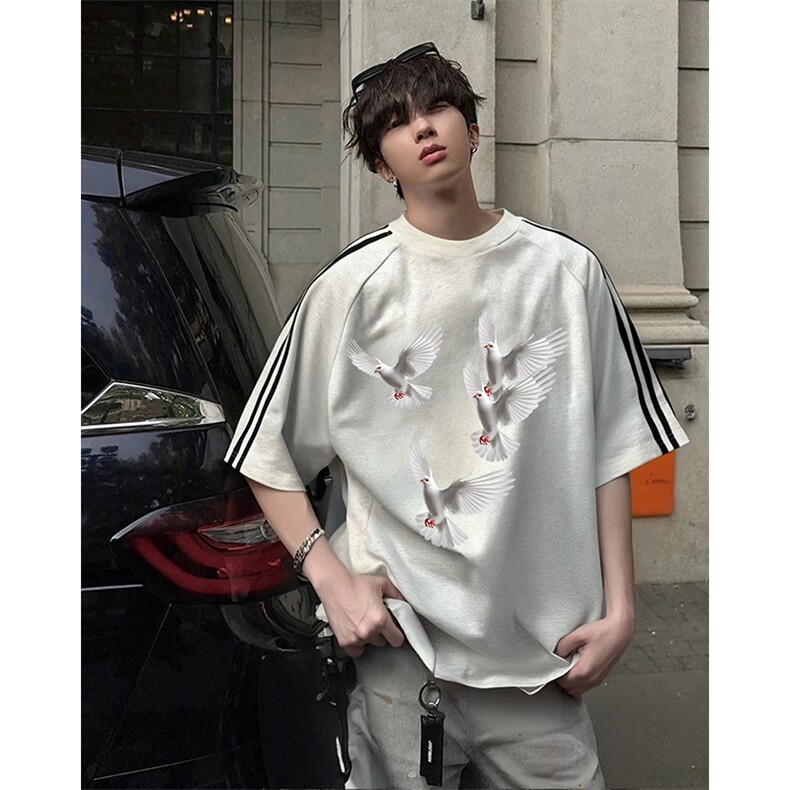 抖音得物高品质二开240克宽松纯棉美式潮牌三条杠织带短袖T恤，男装T恤，电商A486-1