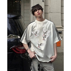 抖音得物高品质二开240克宽松纯棉美式潮牌三条杠织带短袖T恤，男装T恤，电商A486-1