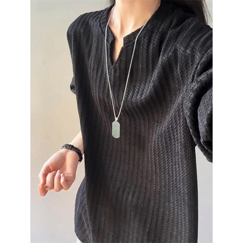 美式高街千鸟格子长袖T恤男女亨利V领英伦雅痞休闲宽松长袖打底衫，男装T恤，电商A443