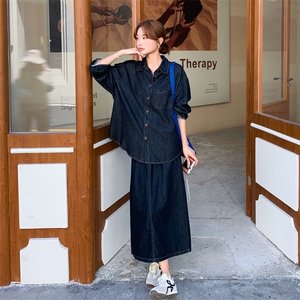 深蓝色挺括牛仔衬衫半身裙套装女2025新款秋季气质韩版淡人两件套图片