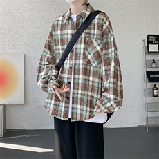 衬衫男秋季新款港风宽松大码磨毛格子扎染长袖衬衣CS507-P35，男装衬衫，星座214-3