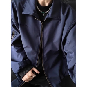 美式复古藏青色飞行夹克外套男潮牌高级感cleanfit翻领短款棒球服图片