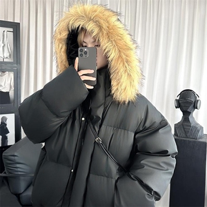 现货三防重磅硬挺boxy短款羽绒棉衣座山雕大毛毛领PU皮棉服外套冬图片