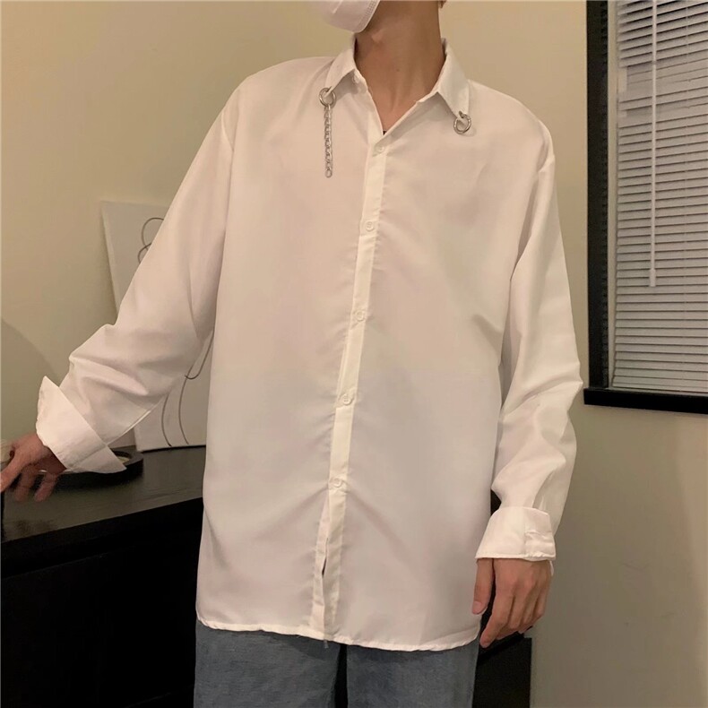 高级感雅痞风链条金属搭扣立领宽松休闲长袖衬衫男潮-C377-p30图片
