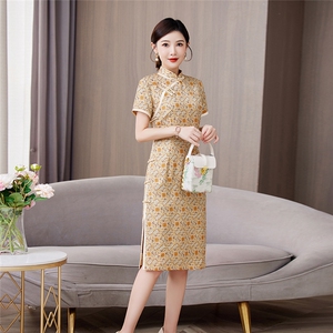 2025年夏季新品时尚气质金丝提花香云纱品质真丝喜庆中长款旗袍裙，女装汉服/婚纱/旗袍/礼服，媚琳依坊