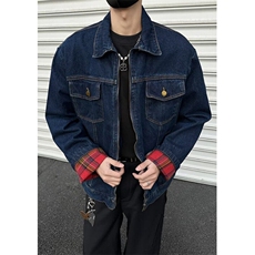 港风撞色长袖格子拼接牛仔外套复古宽松休闲夹克上衣J3561，男装工装外套，星座1116A-1（原606A）