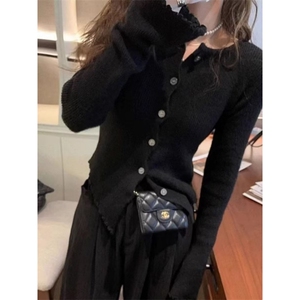V领常规款开衫ins单件单排扣通勤灰色不规则针织打底衫女秋冬长袖图片