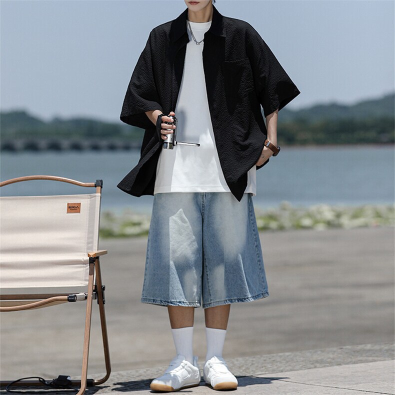 8XL-M泡泡纱盐缩肌理短袖衬衫男夏季冰丝外套防晒衬衣DC28011P36，男装衬衫，电商B312