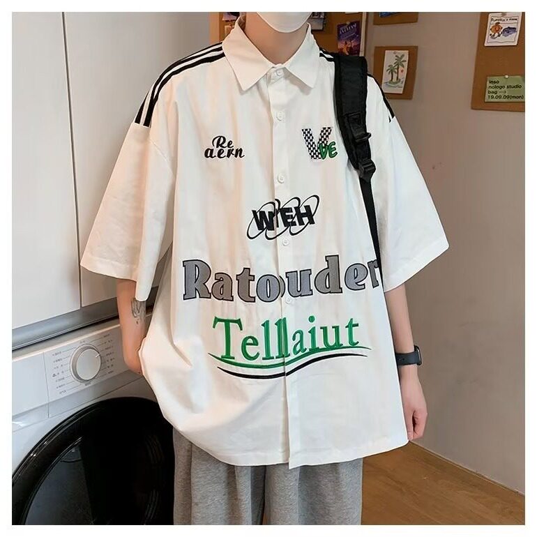 新款美式街头字母印花短袖衬衫男宽松休闲小众衬衣YSSQ2216-37，男装T恤，星座208-5