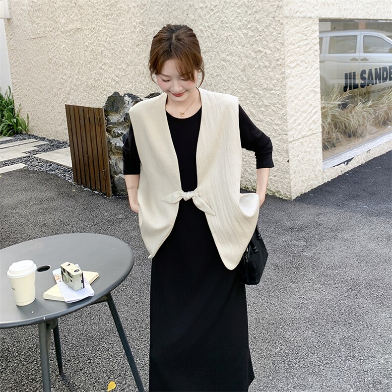 法式马甲黑色连衣裙套装女2025秋新款高级感圆领长袖卫衣裙两件套图片