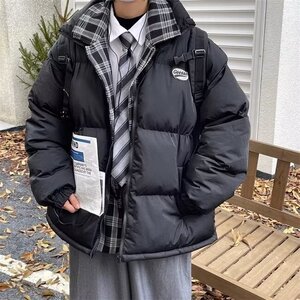 美式复古设计感拼接格子棉服宽松假两件防风翻领加厚面包服外套图片