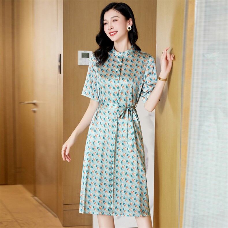 端庄大气碎花真丝连衣裙女中长款夏季2024新款超好看桑蚕丝裙子夏,女装连衣裙,阿舍尔精品
