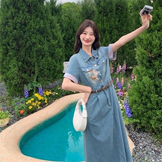 夏季新款韩版小个子胖mm大码中长款短袖宽松牛仔连衣裙子女士薄款，女装连衣裙，慧尚依恋