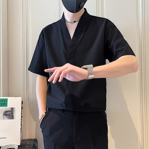 V领禁欲短袖衬衫男款夏季新款垂感衬衣韩版轻熟风男装气质上衣图片
